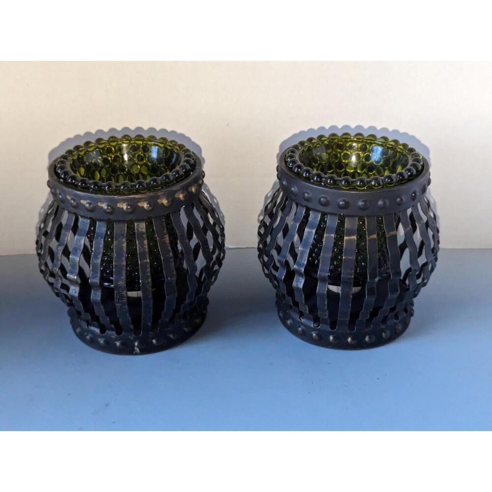 Vintage Black Metal Cage Candle Holder MCM Retro Green Hobnail -1123